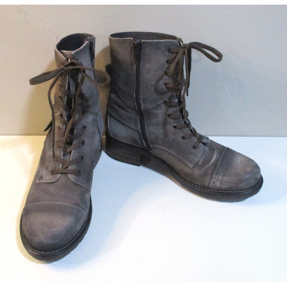 Taos Crave Grey Suede Lace Up Side Zip Combat Boots Faux Fur Lining Size 8-8.5